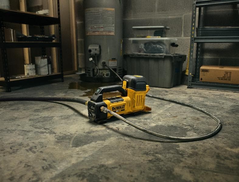 Uma bomba de transferência de água portátil sem fio DEWALT amarela e preta (modelo DCE050N) com mangueira acoplada está posicionada sobre um piso de concreto em uma oficina ou sala de utilidades, cercada por prateleiras e caixas de armazenamento.